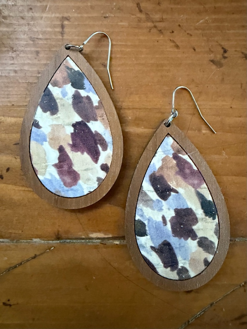Leather Teardrop Earrings with Multicolor Pattern